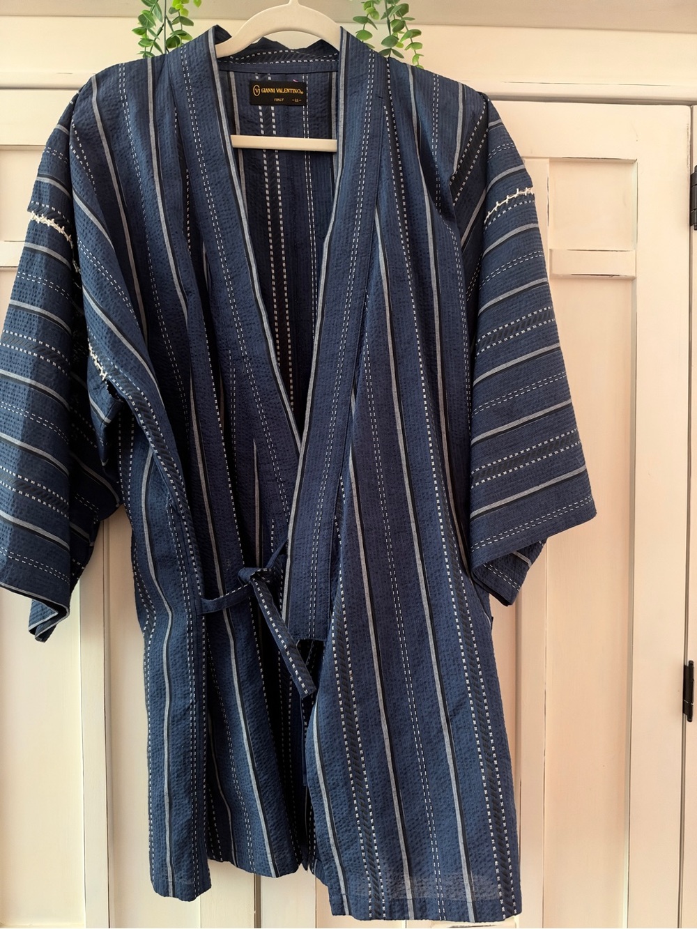 Vintage Gianni Valentino Italy Indigo Stripe Jinbel Kimono Jacket Top LL nwot